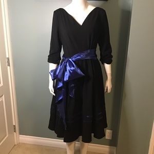 Black Cotton Blend Dress with Blue Satin Trim and Blue Satin Sash